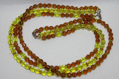 +MBA #E48-052   "Vintage Silvertone Green & Brown Fancy 3 Strand Glass Bead Necklace"