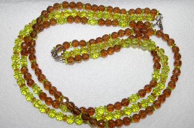 +MBA #E48-052   "Vintage Silvertone Green & Brown Fancy 3 Strand Glass Bead Necklace"