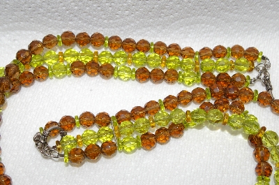 +MBA #E48-052   "Vintage Silvertone Green & Brown Fancy 3 Strand Glass Bead Necklace"