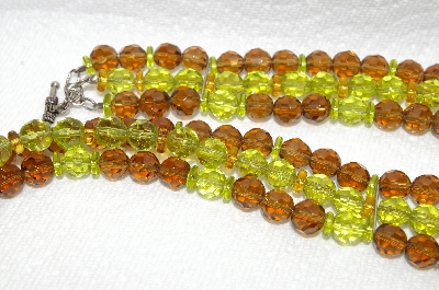 +MBA #E48-052   "Vintage Silvertone Green & Brown Fancy 3 Strand Glass Bead Necklace"