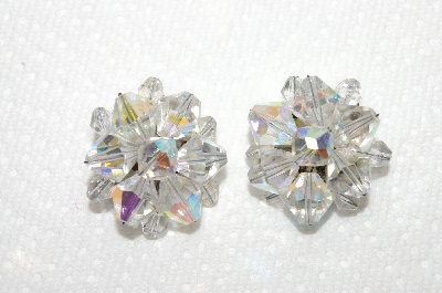 +MBA #E48-023   "Vintage Silvertone Faceted AB Crystal Bead Cluster Earrings"