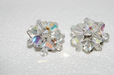 +MBA #E48-023   "Vintage Silvertone Faceted AB Crystal Bead Cluster Earrings"