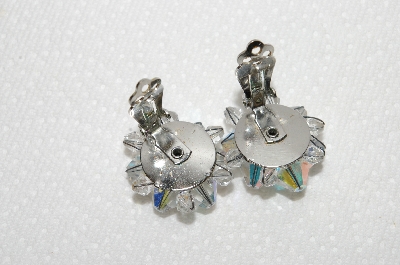 +MBA #E48-023   "Vintage Silvertone Faceted AB Crystal Bead Cluster Earrings"
