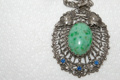 +MBA #E48-150  "Vintage Silvertone Green Stone Pendant With Chain"