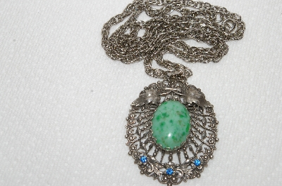 +MBA #E48-150  "Vintage Silvertone Green Stone Pendant With Chain"