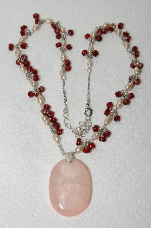 +MBA #E48-215   "Monet Silvertone Faux Pearl, Red Glass Bead & Rose Quartz Necklace"
