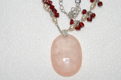 +MBA #E48-215   "Monet Silvertone Faux Pearl, Red Glass Bead & Rose Quartz Necklace"