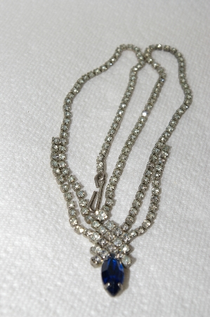 +MBA #E48-210  "Vintage Silvertone Clear Crystal & Blue Rhinestone Necklace"