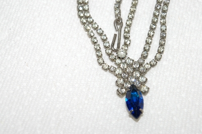 +MBA #E48-210  "Vintage Silvertone Clear Crystal & Blue Rhinestone Necklace"
