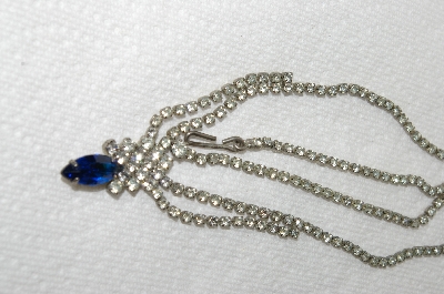 +MBA #E48-210  "Vintage Silvertone Clear Crystal & Blue Rhinestone Necklace"