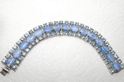 +MBA #E48-070  "Vintage Silvertone Blue Opalescent Moon Stone Glass & Blue  Crystal Rhinestone Bracelet"