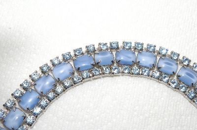 +MBA #E48-070  "Vintage Silvertone Blue Opalescent Moon Stone Glass & Blue  Crystal Rhinestone Bracelet"