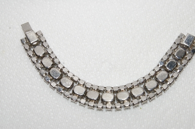 +MBA #E48-070  "Vintage Silvertone Blue Opalescent Moon Stone Glass & Blue  Crystal Rhinestone Bracelet"