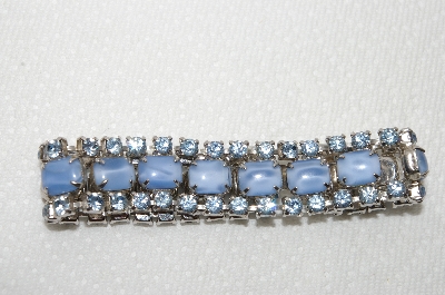 +MBA #E48-070  "Vintage Silvertone Blue Opalescent Moon Stone Glass & Blue  Crystal Rhinestone Bracelet"