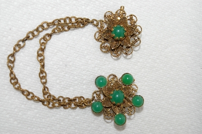 **MBA #E48-097   "Vntage Goldtone Green Stone Double Sweater Pin Set"