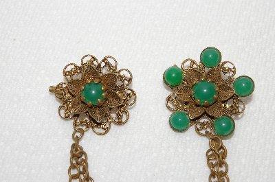 **MBA #E48-097   "Vntage Goldtone Green Stone Double Sweater Pin Set"