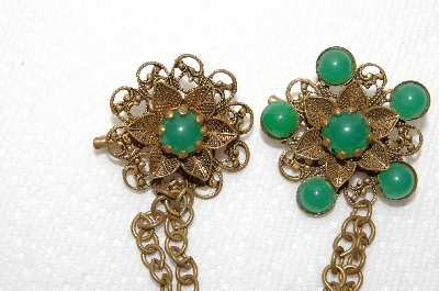 **MBA #E48-097   "Vntage Goldtone Green Stone Double Sweater Pin Set"