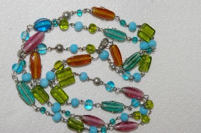 +MBA #E49-195   "Vintage Silvertone Multi Colored Glass Bead Necklace"