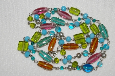 +MBA #E49-195   "Vintage Silvertone Multi Colored Glass Bead Necklace"