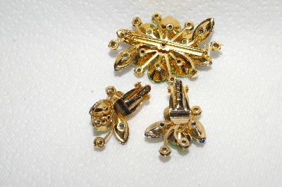 +MBA #E49-012   "Beau Jewels Gold Tone Glass Stone & Rhinestone Pin & Matching Clip On Earrings Set"