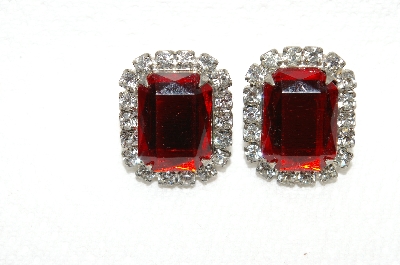 +MBA #E49-067   "Vintage Silvertone Red Acrylic & Clear Rhinestone Pierced Earrings"