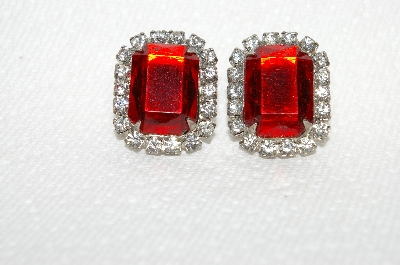 +MBA #E49-067   "Vintage Silvertone Red Acrylic & Clear Rhinestone Pierced Earrings"