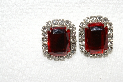 +MBA #E49-067   "Vintage Silvertone Red Acrylic & Clear Rhinestone Pierced Earrings"