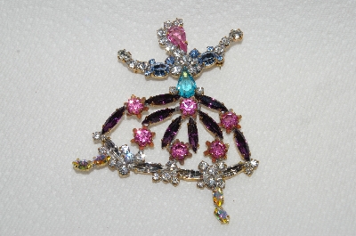 **MBA #E49-009   "Vintage Multi Colored Crystal Rhinestone Dancing Lady Brooch"