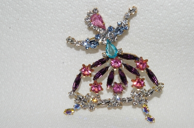 **MBA #E49-009   "Vintage Multi Colored Crystal Rhinestone Dancing Lady Brooch"