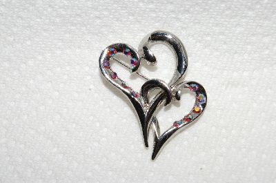 **MBA #E49-073   "Vintage Silvertone AB Crystal Rhinestone Double Heart Pin"