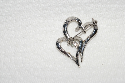**MBA #E49-073   "Vintage Silvertone AB Crystal Rhinestone Double Heart Pin"