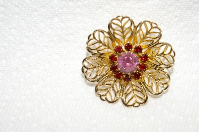 **MBA #E49-062   "Vintage Gold Tone Red & Pink Rhinestone Pin"