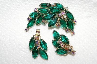 +MBA #E49-041  "Vintage Gold Tone Green Glass & AB Crystal Rhinestone Pin & Matching Earring Set"