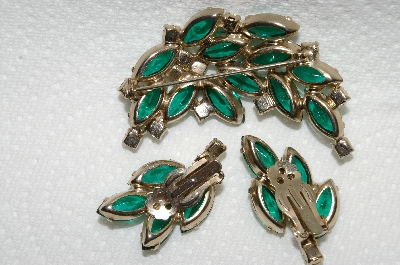 +MBA #E49-041  "Vintage Gold Tone Green Glass & AB Crystal Rhinestone Pin & Matching Earring Set"