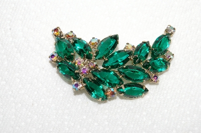+MBA #E49-041  "Vintage Gold Tone Green Glass & AB Crystal Rhinestone Pin & Matching Earring Set"