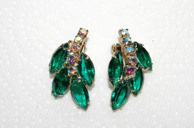 +MBA #E49-041  "Vintage Gold Tone Green Glass & AB Crystal Rhinestone Pin & Matching Earring Set"
