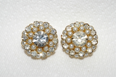 +"HOLD" MBA #E49-047  "Judy Lee Gold Tone Faux Pearl & Clear Rhinestone Clip On Earrings"