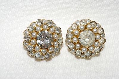 +"HOLD" MBA #E49-047  "Judy Lee Gold Tone Faux Pearl & Clear Rhinestone Clip On Earrings"