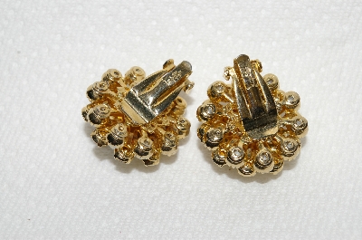 +"HOLD" MBA #E49-047  "Judy Lee Gold Tone Faux Pearl & Clear Rhinestone Clip On Earrings"