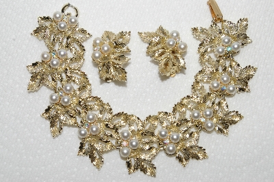 +MBA #E49-117   "Judy Lee Gold Tone Fancy Leaf, Faux Pearl & AB Rhinestone Bracelet & Earrings Set"
