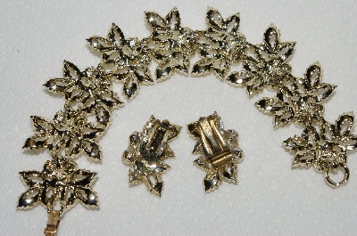 +MBA #E49-117   "Judy Lee Gold Tone Fancy Leaf, Faux Pearl & AB Rhinestone Bracelet & Earrings Set"