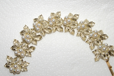 +MBA #E49-117   "Judy Lee Gold Tone Fancy Leaf, Faux Pearl & AB Rhinestone Bracelet & Earrings Set"