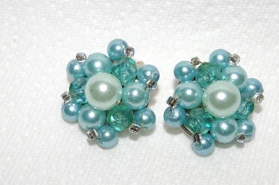 +MBA #E49-032   "Vintage Blue Acrylic Bead & Faux Blue Pearl Cluster Earrings"