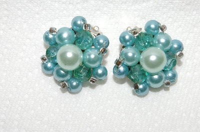 +MBA #E49-032   "Vintage Blue Acrylic Bead & Faux Blue Pearl Cluster Earrings"