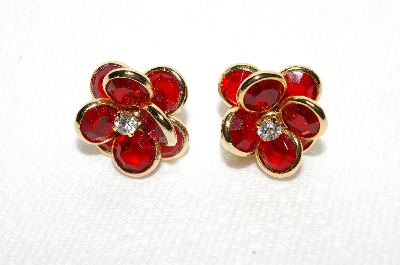 +MBA #E49-039   "Vintage Gold Tone Red Acrylic & Rhinestone Pierced Earrings"