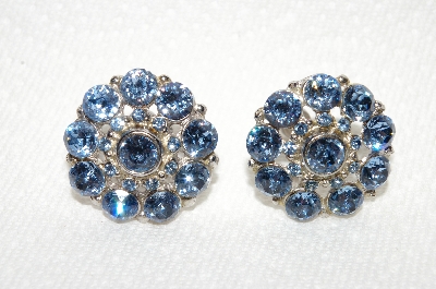 +MBA #E49-001  "Vintage Silvertone Round Blue Rhinestone Earrings"