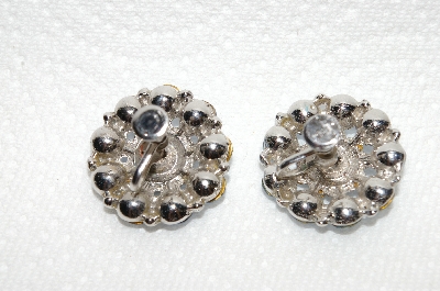 +MBA #E49-001  "Vintage Silvertone Round Blue Rhinestone Earrings"
