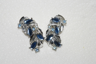 +MBA #E49-076   "Vintage Silvertone Fancy Blue Rhinestone Clip On Earrings"