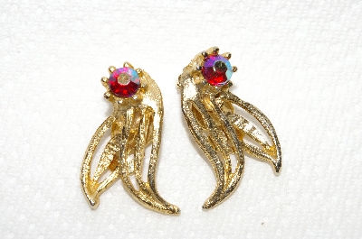 +MBA #E49-088   "Vintage Gold Tone Red AB Crystal Rhinestone Clip On Earrings"