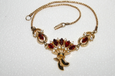+MBA #E49-112   "Vintage Gold Plated Red & Clear Crystal Rhinestone Chocker"
